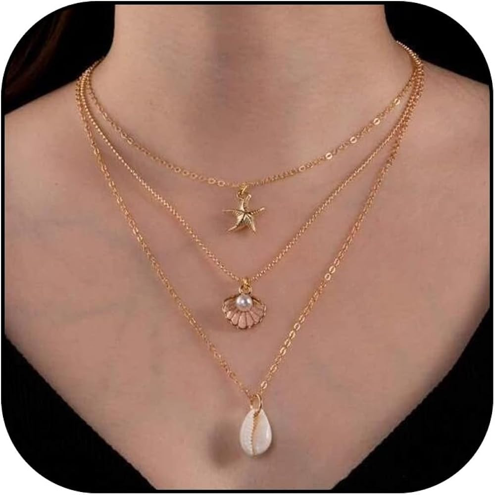 Dcfywl731 Starfish Necklace for Women Gold Shell Pendant Necklaces Seashell Charm Necklace Boho P... | Amazon (US)