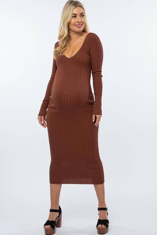 Mocha V-Neck Long Sleeve Fitted Maternity Maxi Dress | PinkBlush Maternity