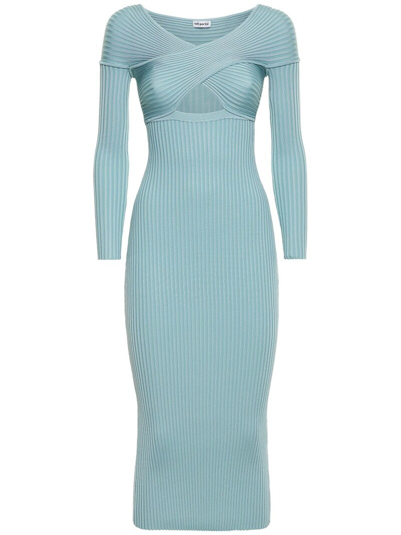 Self-portrait - Ribbed knit viscose blend midi dress - Blue | Luisaviaroma | Luisaviaroma