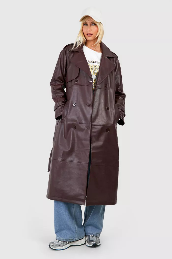 Double Breast Faux Leather Maxi Trench Coat | Boohoo.com (UK & IE)