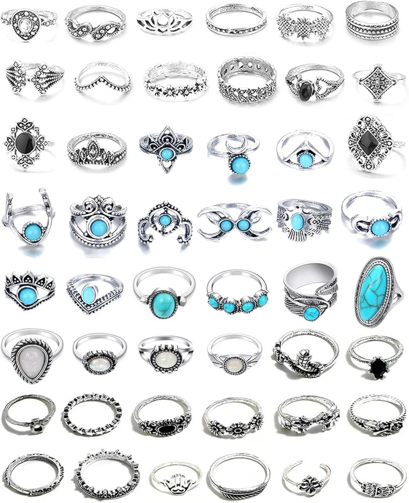 48 Pcs Vintage Turquoise Rings Set - Silver Knuckle, Western, Boho Oval Gemstone Midi Stacking Ri... | Amazon (US)