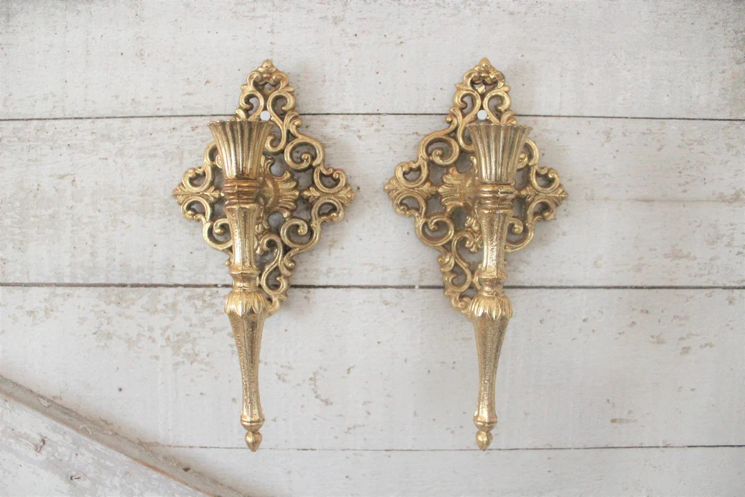 Vintage Hollywood Regency Brass Wall Sconces - Candle Wall Sconce - Highly Detailed Wall Sconce -... | Etsy (US)