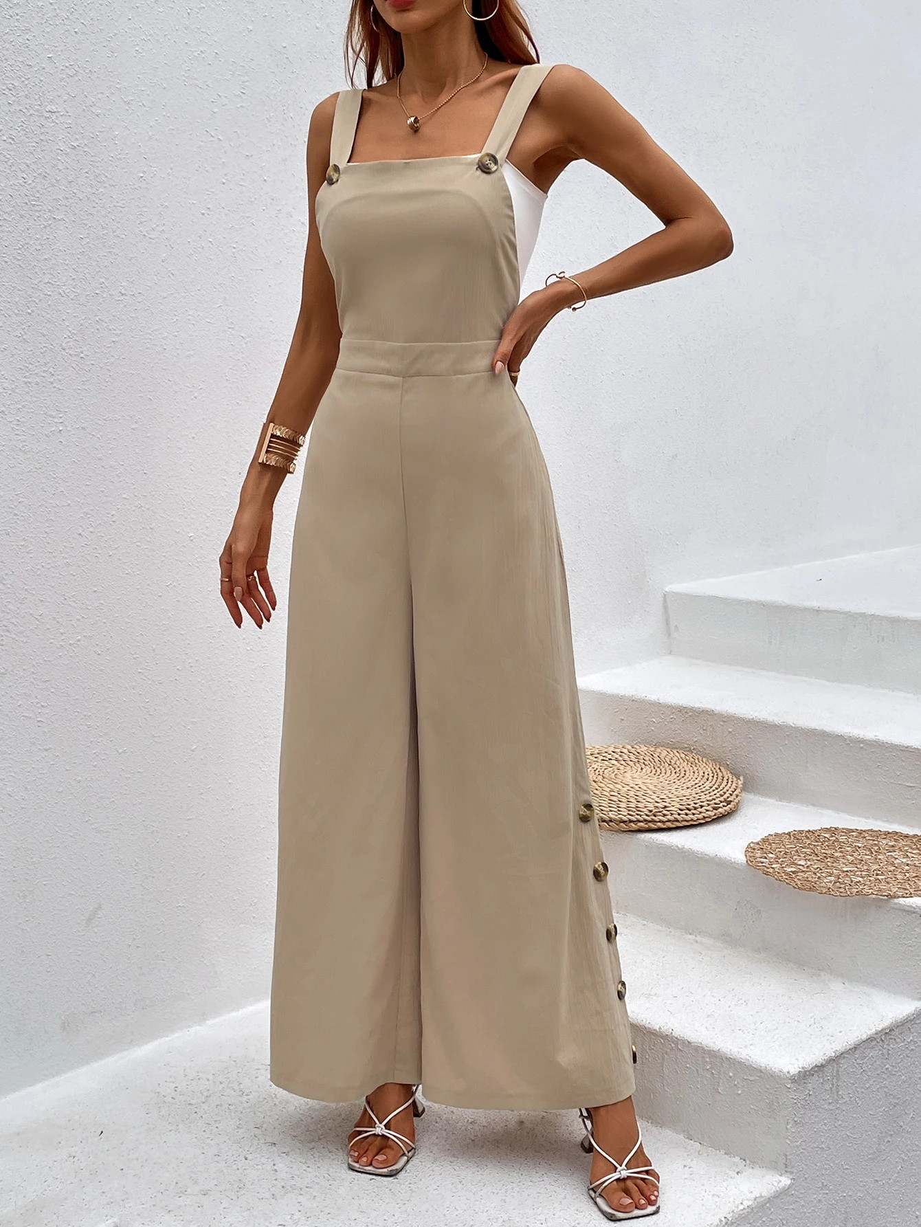 Button Detail Wide Leg Overall Jumpsuit Without Top
   SKU: sw2205060885356320      
          (6... | SHEIN