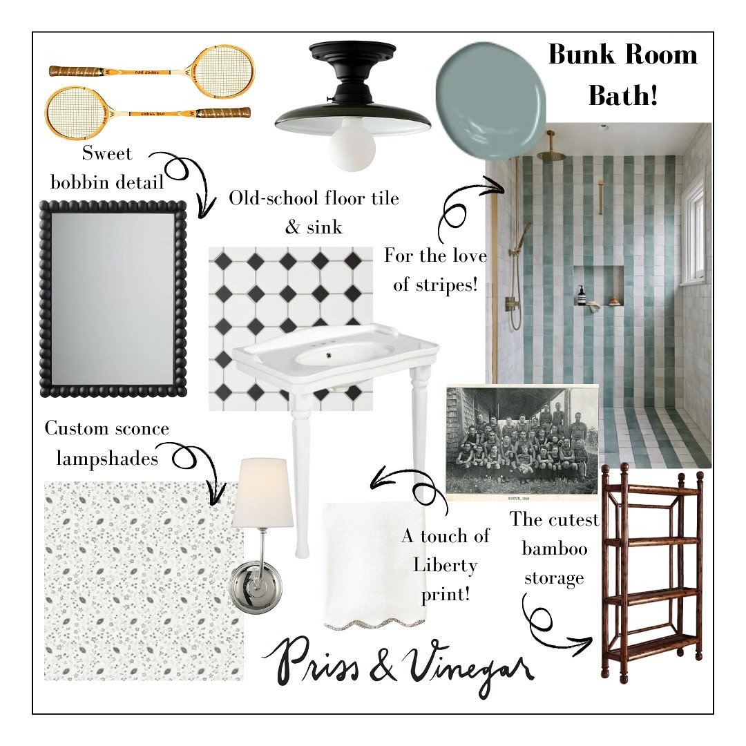 Love love LOVE all your guesses about the secret project we’ve been working on. A pet wash/flower room mash-up is the space of Domino’s & my dreams! 

All the 🏆🏆🏆 to those of you who guessed bunk room (some with insider intel!), which has been at the tippy-top of my wishlist since we first began house hunting in Nashville four years ago. Given my children’s ages & our many out-of-town friends, packs of young overnight guests are a frequent occurrence. Having a dedicated space for them to stay comfortably is truly a dream come true! 

We already had a finished basement, which has heretofore been a playroom/video game lounge/foosball parlor, so converting it into a bunk room was the natural choice. A huge piece of this project is building a full bathroom so it’s a truly guest-ready space. The vibe we’re going for is classic New England summer camp, a little old school, featuring striped tile for FUN. 

Links to all of the lighting, hardware, sinks & assorted flair in my Stories & on my LTK. So excited to share with you all as this project evolves xo
