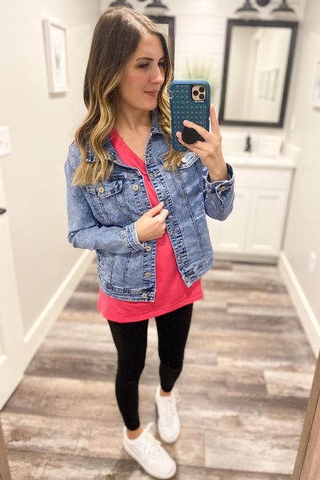 Simple and comfortable outfit for those days you are on the go or just want to be comfortable! 
Pink shirt, spring outfit, summer outfit, leggings, jean jacket, Amazon outfit  

#LTKunder50 #LTKSeasonal #LTKFestival