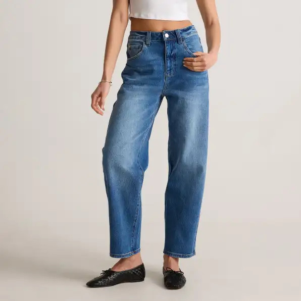 Quince | Women's Comfort Stretch High Rise Barrel Jeans in Cool Blue, Size 27, Organic Cotton | Quince