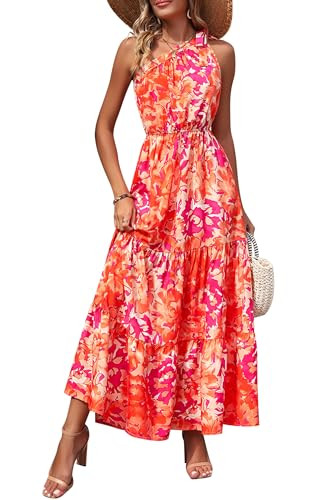 PRETTYGARDEN Women's Summer Floral Maxi Dress Knot One Shoulder Sleeveless Ruffle Flowy Boho Beach Wedding Guest Dresses (Orange Rose Red Big Floral,Large) | Amazon (US)