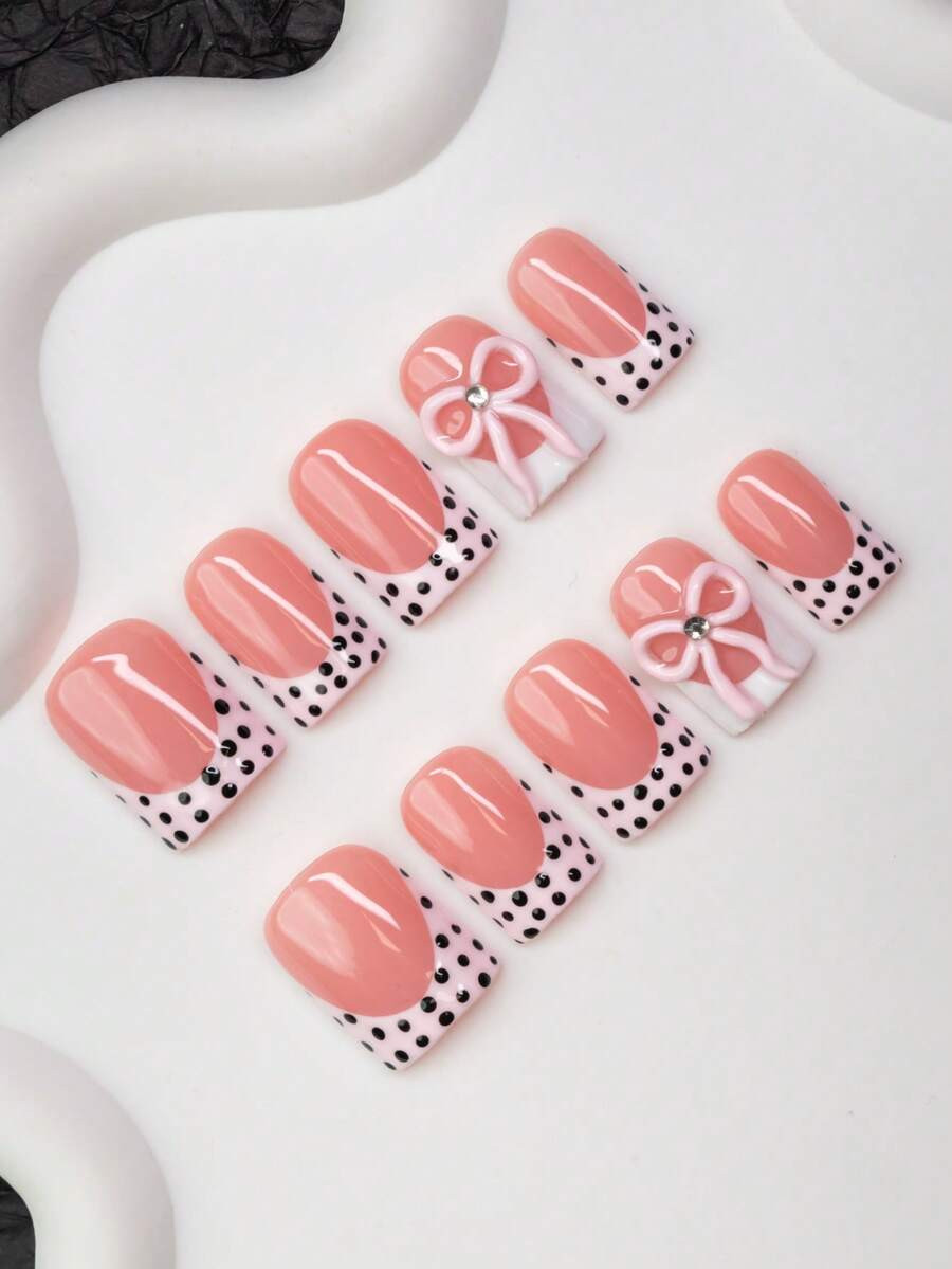 10pcs Square Shaped Handmade Nail Tips, Y2K Girly Style, Nude, Pink, White Nail Plates With Frenc... | SHEIN