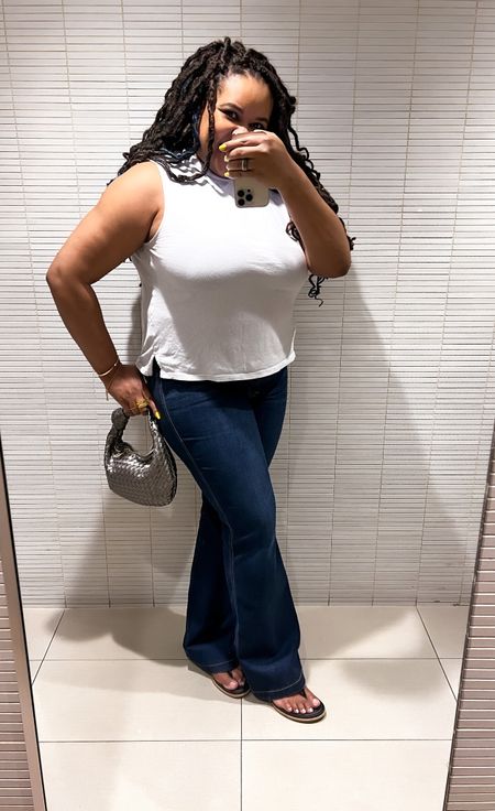 OOTD Midsize Summer Outfit. Went to physiotherapy today so I needed pants with stretch. Spanx flare jeans, dark denim, black leather flip flops, loose fit tank #ltkunder100 #ltkover40 

#LTKcurves #LTKstyletip #LTKmidsize
