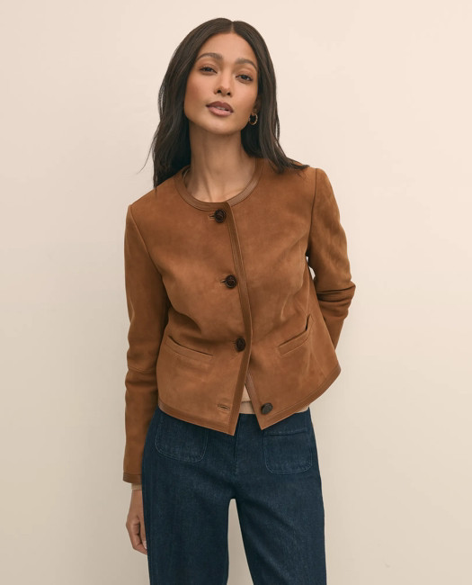Brooks Brothers Women's Suede Cropped Jacket With Leather Trim | Medium Brown | Size Small | Brooks Brothers