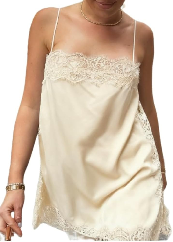 Women Lace Trim Satin Camisole Top Silky Spaghetti Strap V Neck Cami Top Flowy Asymmetrical Going... | Amazon (US)