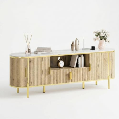 70" Modern TV Stand Console with Faux Marble Top & Curved Sliding Doors - Adjustable Shelves for TVs Up to 80", Fluted Design Wood TV Console Entertainment Center | Amazon (US)