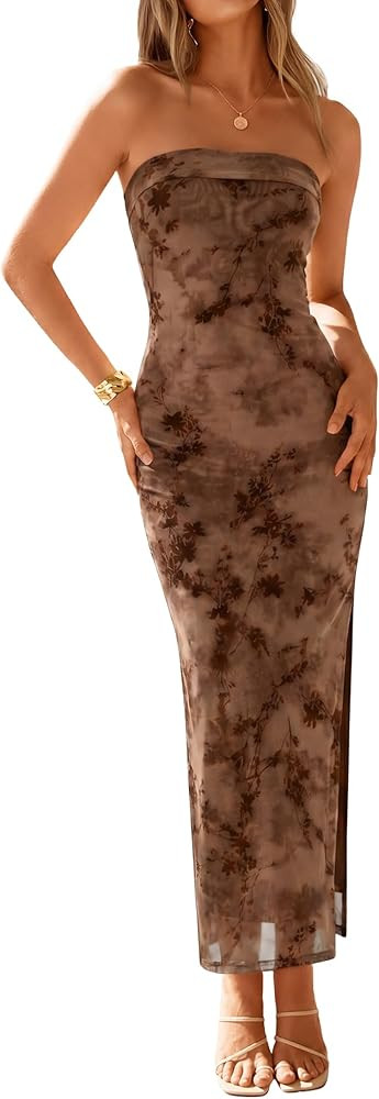 ZESICA Womens Summer Floral Mesh Bodycon Maxi Dress 2026 Strapless Side Slit Formal Cocktail Part... | Amazon (US)