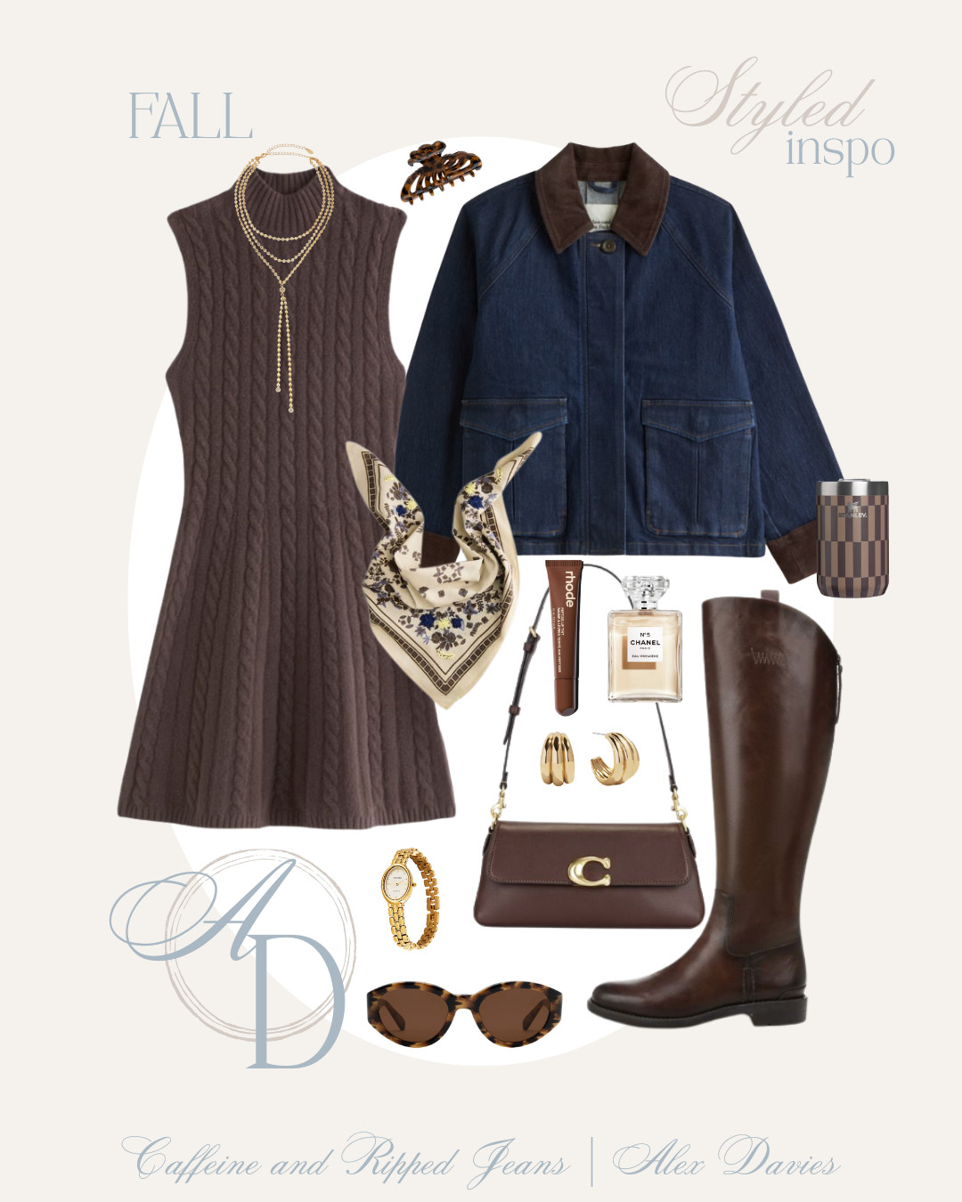 // barn jacket // mockneck cable knit sweater dress // riding boots // fall outfits women // fall outfit inspo // styled inspo for fall // scarf belt for fall // scarf necklace for fall // claw clip // brown stanley cup // coach bag // sunglasses //gold watch // gold earrings // rhode lip gloss // perfume // 

 #LTKgrwm #LTKootd #LTKSeasonal
