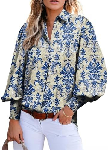 Astylish Women Loose V-Neck Shirts Paisley Print Lantern Sleeve Blouse Boho Tops | Amazon (US)