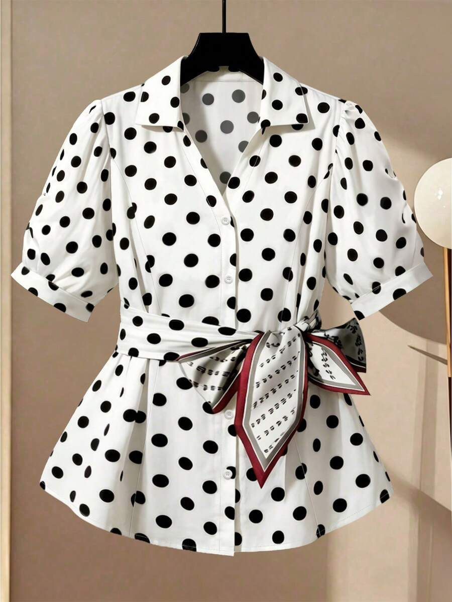 GlowEve CURVE Plus Size Women's White Polka Dot Blouse,Elegant Office Party Summer Contrast Bow T... | SHEIN