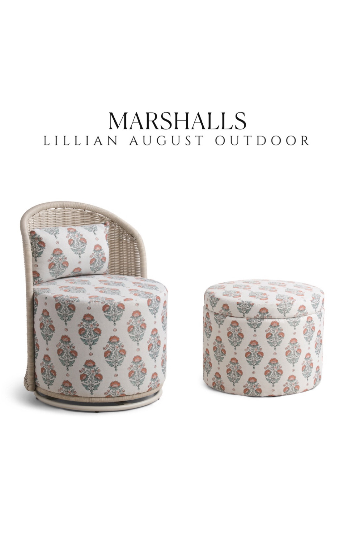 New Lillian August outdoor wicker swivel chair and ottoman from Marshalls! Block print furniture outdoor patio set 

#LTKhome #LTKfindsunder50 #LTKsalealert