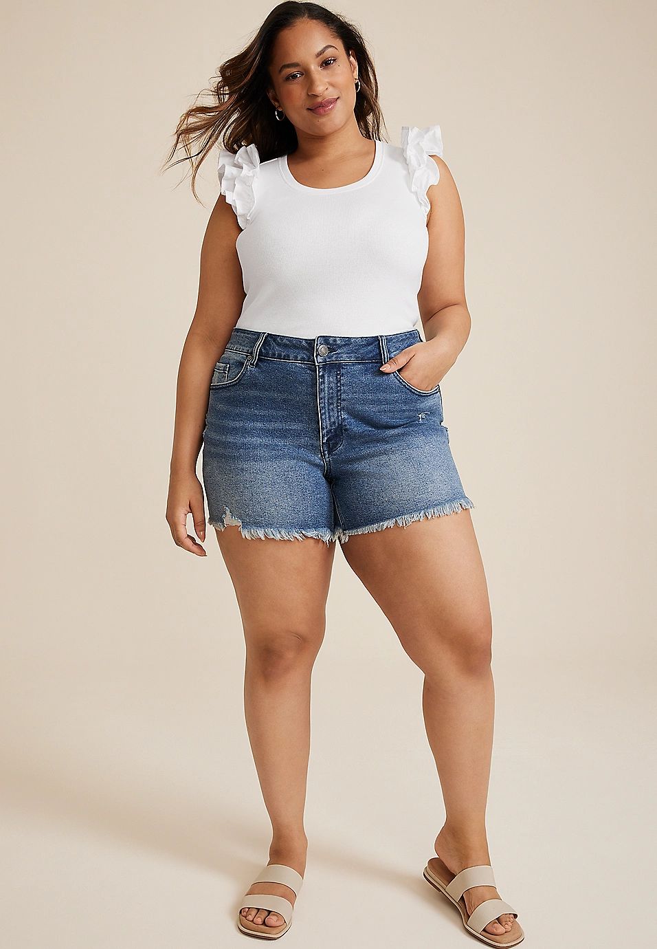 Plus Size KanCan™ Curvy High Rise Frayed Hem 5in Short | Maurices