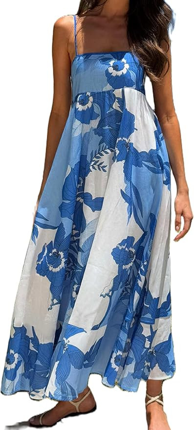 Juakoso Women Floral Print Maxi Dress Y2K Sleeveless Spaghetti Strap Boho Dress Beach Ruffle Swin... | Amazon (US)