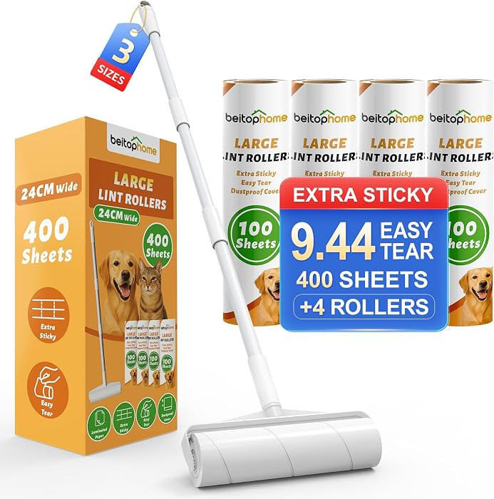 Large Floor Lint Roller with Extendable Long Handle, 9.45" Extra Wide Sticky Roller, 400 Sheets w... | Amazon (US)