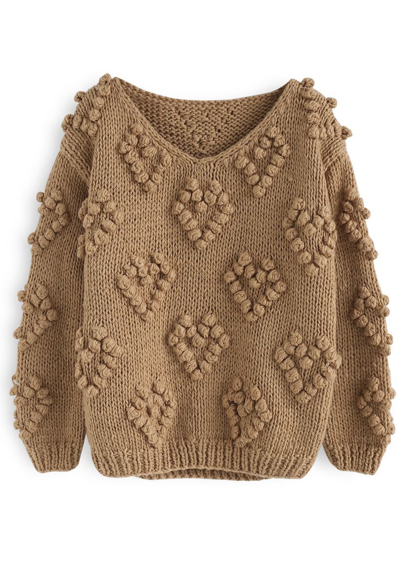 Knit Your Love V-Neck Sweater in Tan | Chicwish