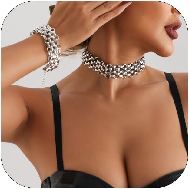 Chunky Gold Punk Choker Necklaces Bracelet Set For Women Vintage Adjustable Gold/Silver Wide Link... | Amazon (US)