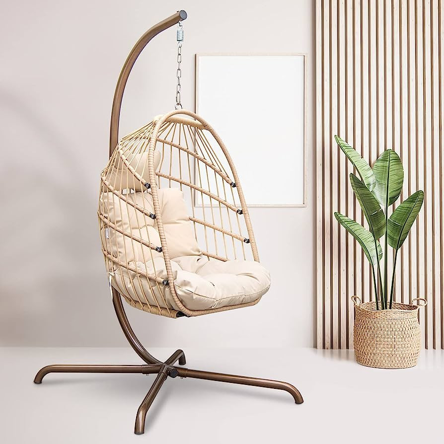 RADIATA Foldable Wicker Rattan Hanging Egg Chair with Stand, Swing Chair with Cushion and Pillow,... | Amazon (US)