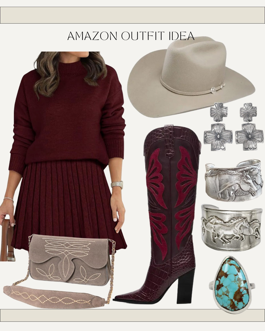 Fall Amazon fashion- sweater and skirt two piece set styled western - tall heel boots - western bag and silver jewelry - turquoise ring

#LTKgrwm #LTKootd #LTKWorkwear
