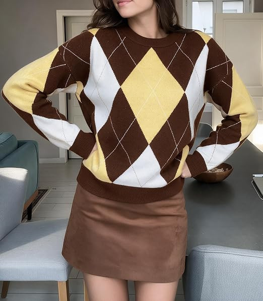 Cicy Bell Sweaters for Women Argyle Plaid Color Block Knit Pullover Tops | Amazon (US)