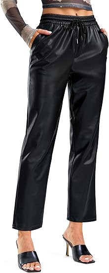 SANTINY Women's Faux Leather Pants High Waisted Straight Leg Cropped Ankle Trousers Vegan Matte P... | Amazon (US)