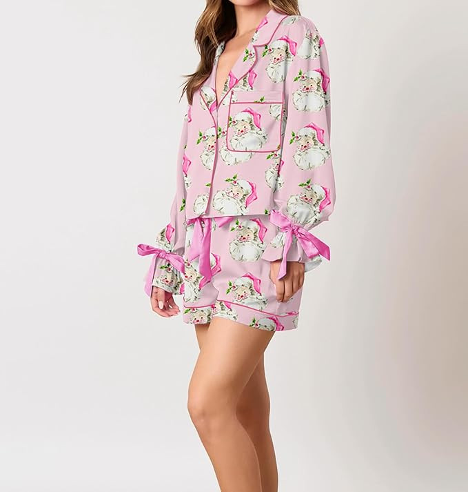 Christmas Pajama Shorts Sets for Women Bow Tie Long Sleeve Button Down Shirt and Shorts 2 Piece L... | Amazon (US)
