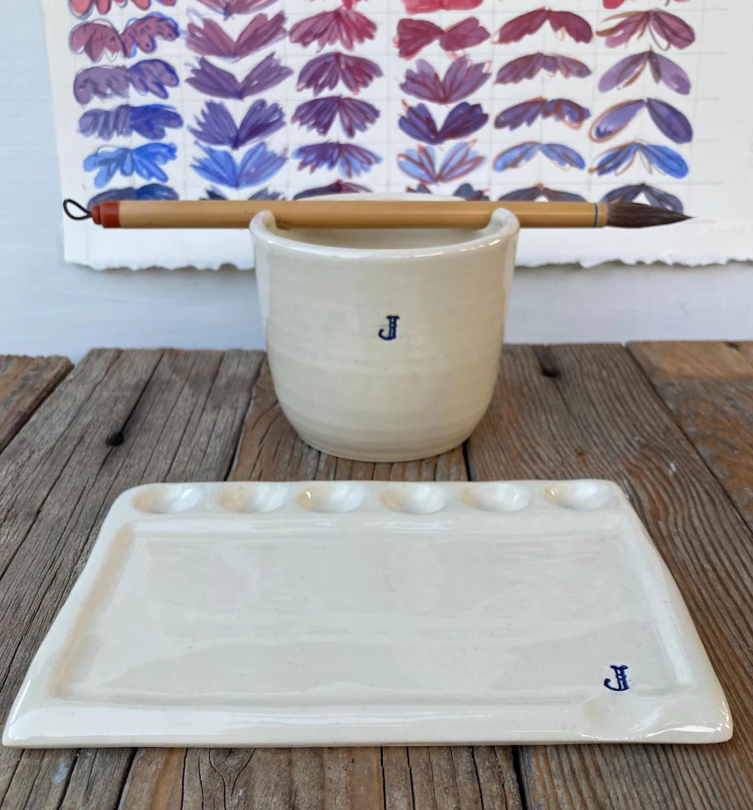 Monogrammed Watercolor Palette and Brush Cup: Handmade Pottery Gift - Etsy | Etsy (US)