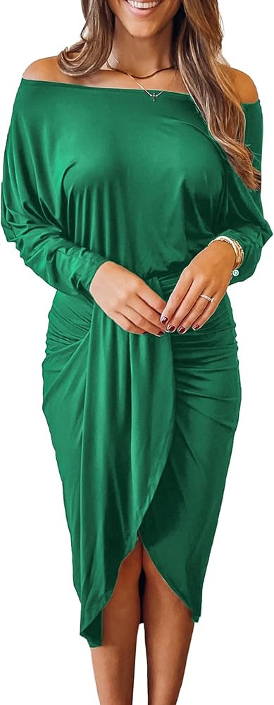 PRETTYGARDEN Women's Ruched Midi Dress Off Shoulder Long Sleeve Asymmetrical Draped Wrap Bodycon ... | Amazon (US)