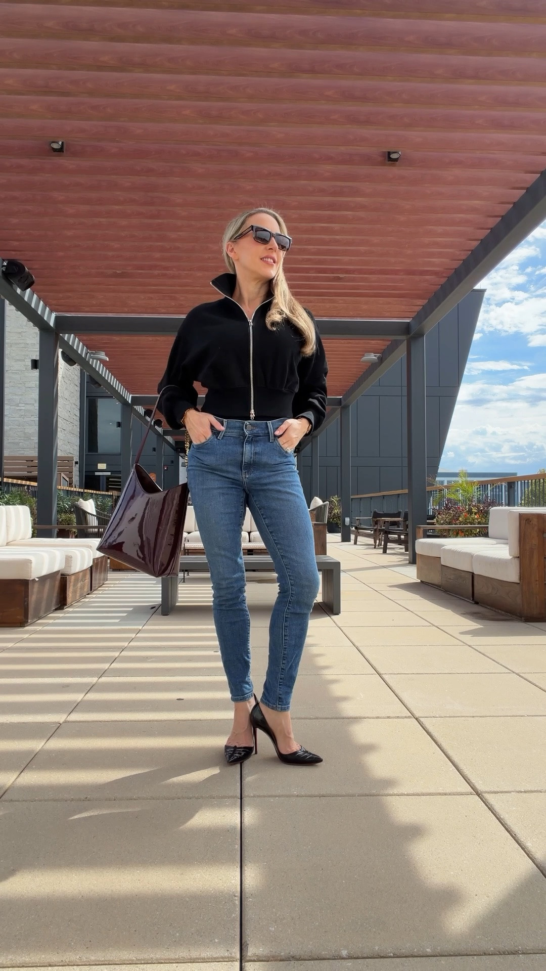 Fall outfit inspo: blue skinny jeans are back in style, but this season we’re styling them with black stiletto heel pumps and cropped black jackets. Adding some color with the burgundy Saint Laurent shoulder bag (use my code EVEDAWES for 1 month Vivrelle membership for free), and oversized tortoiseshell sunglasses (prescription lenses available).

#LTKootd #LTKSeasonal #LTKActive