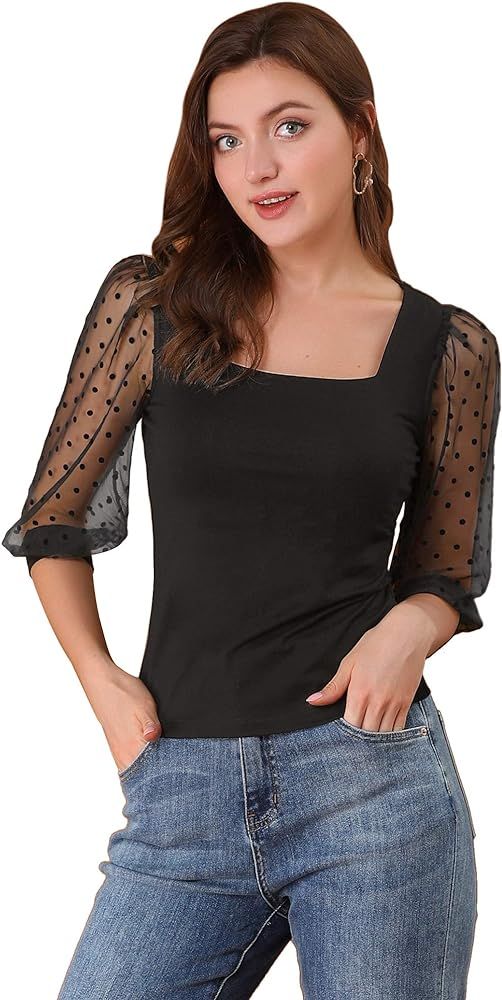 Allegra K Women's Retro Square Neck Tops Slim Fit Semi Sheer 3/4 Mesh Sleeve Top | Amazon (US)