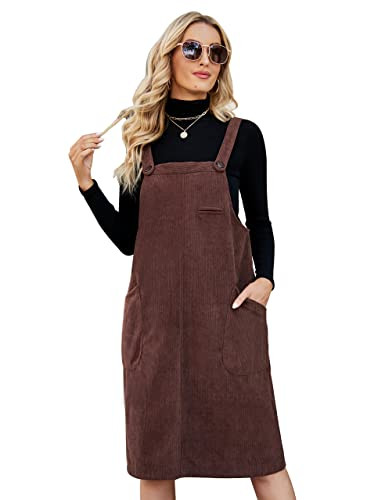 Flygo Women Corduroy Jumper Overall Pinafore Midi Dress Skirt with Pockets(Brown-S) | Amazon (US)