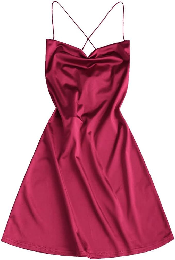 ZAFUL Women's Casual Satin Dress Spaghetti Strap Cowl Neck Slips Side Slit Cocktail Party Silk Mi... | Amazon (US)