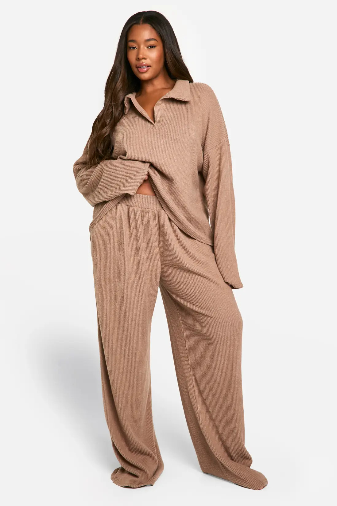 Mocha Plus Soft Rib Collared Top & Trouser Lounge Set | Boohoo USA | boohoo (US & Canada)