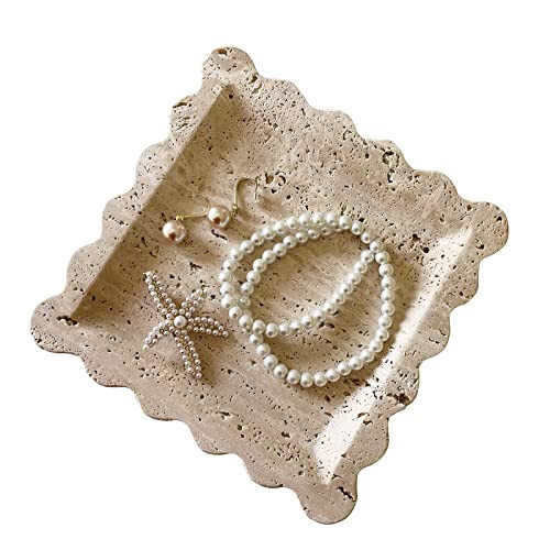 SAIDKOCC Vintage Natural Marble Tray Small Ornaments Scalloped Tray Handmade Storage Dish for Counter, Vanity, Dresser, Nightstand and Desk (Beige Travertine) | Amazon (US)