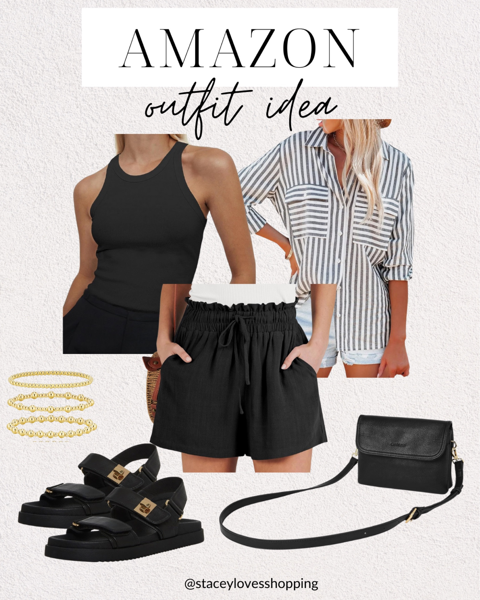 Amazon outfit idea with black linen shorts, black tank, black and white striped button down, black crossbody bag and black sandals.



#LTKFindsUnder50 #LTKStyleTip #LTKOver40