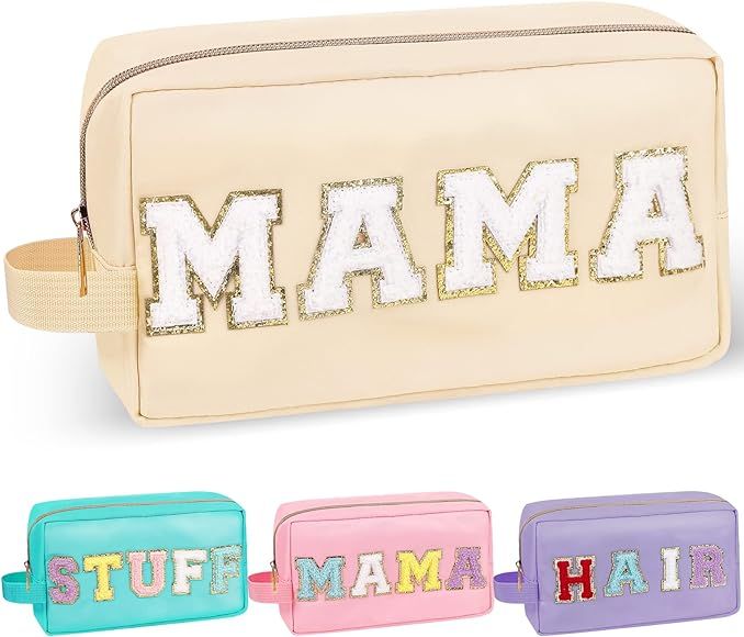 Chenille Letter Makeup Bag Mama Pouch, Nylon Preppy Patch Makeup Bag Small Travel Makeup Zipper P... | Amazon (US)
