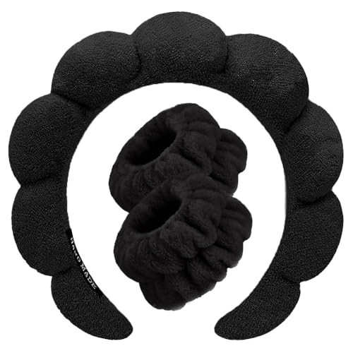 Spa Headbands for Washing Face Wristband Set Sponge Makeup Skincare Headband Wrist Towels Bubble Soft Terry Towel Cloth Hairband for Women Puffy Headwear Non Slip Thick Thin Hair Headwear (Black) | Amazon (US)