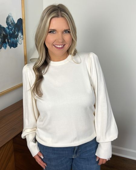 Great white sweater for this winter and comes in so many sizes and other colors! Super comfortable and I love the balloon sleeves, you can either wear them like I am or roll them up for a more layered effect.

#LTKstyletip #LTKSeasonal #LTKunder50