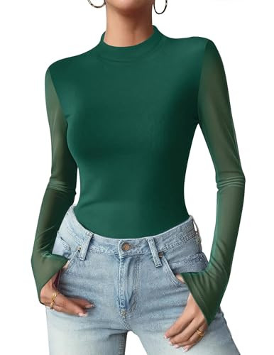 Zeagoo Women Sheer Mesh Top Shirts for Clubwear Sexy See Through Blouses Long Sleeve Fitted Basic Tee Green XL | Amazon (US)