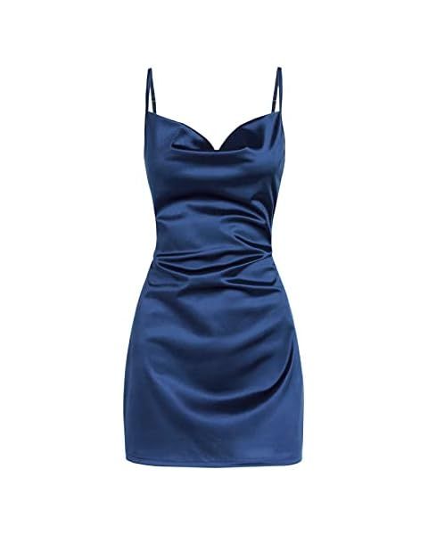 ZAFUL Women's Casual Satin Dress Spaghetti Strap Cowl Neck Slips Nightwear Side Slit Cocktail Party  | Amazon (US)