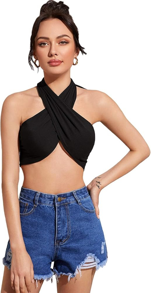 Verdusa Women's Sexy Sleeveless Halter Criss Cross Self Tie Backless Crop Top | Amazon (US)