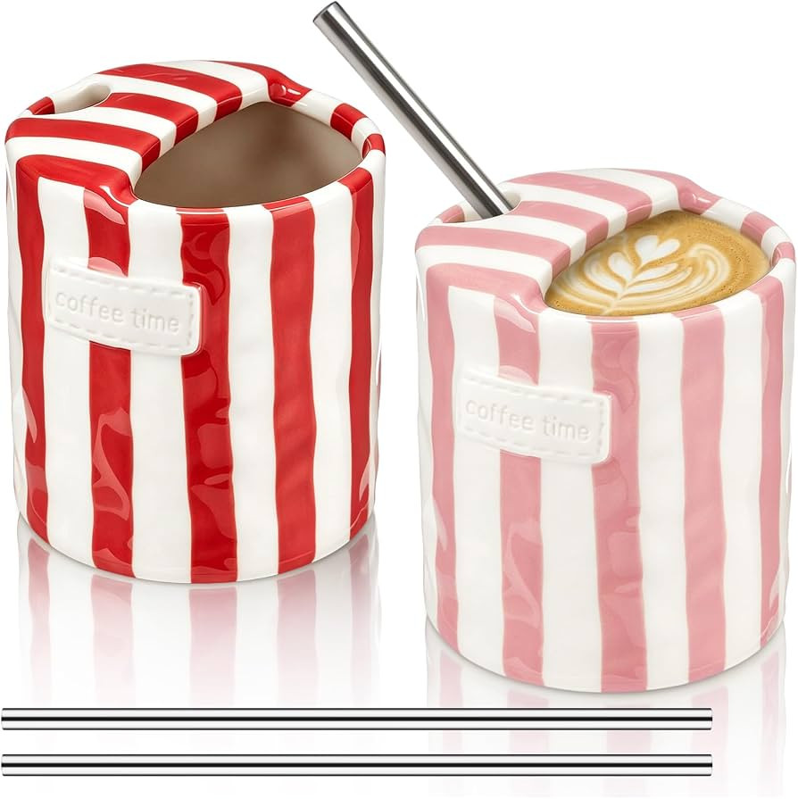 2 Pack Ceramic Coffee Mug with Sip Hole,Simple,Red, Pink     10oz Cute Travel Cup With Straws, Re... | Amazon (US)