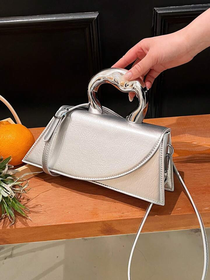 Medium Flap Baguette Bag Metallic Funky Metal Handle | SHEIN
