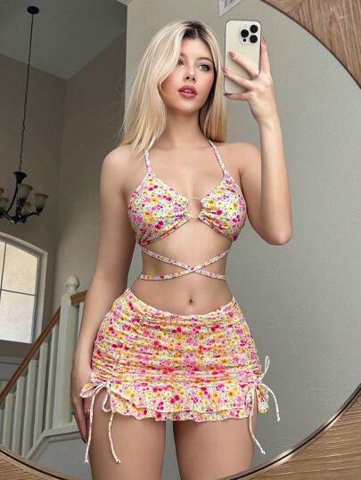 Swim Mod Women's Ditsy Floral Sexy Bikini Set For Vacation, Including Bikini, Cover Up Skirt, 3pc... | SHEIN