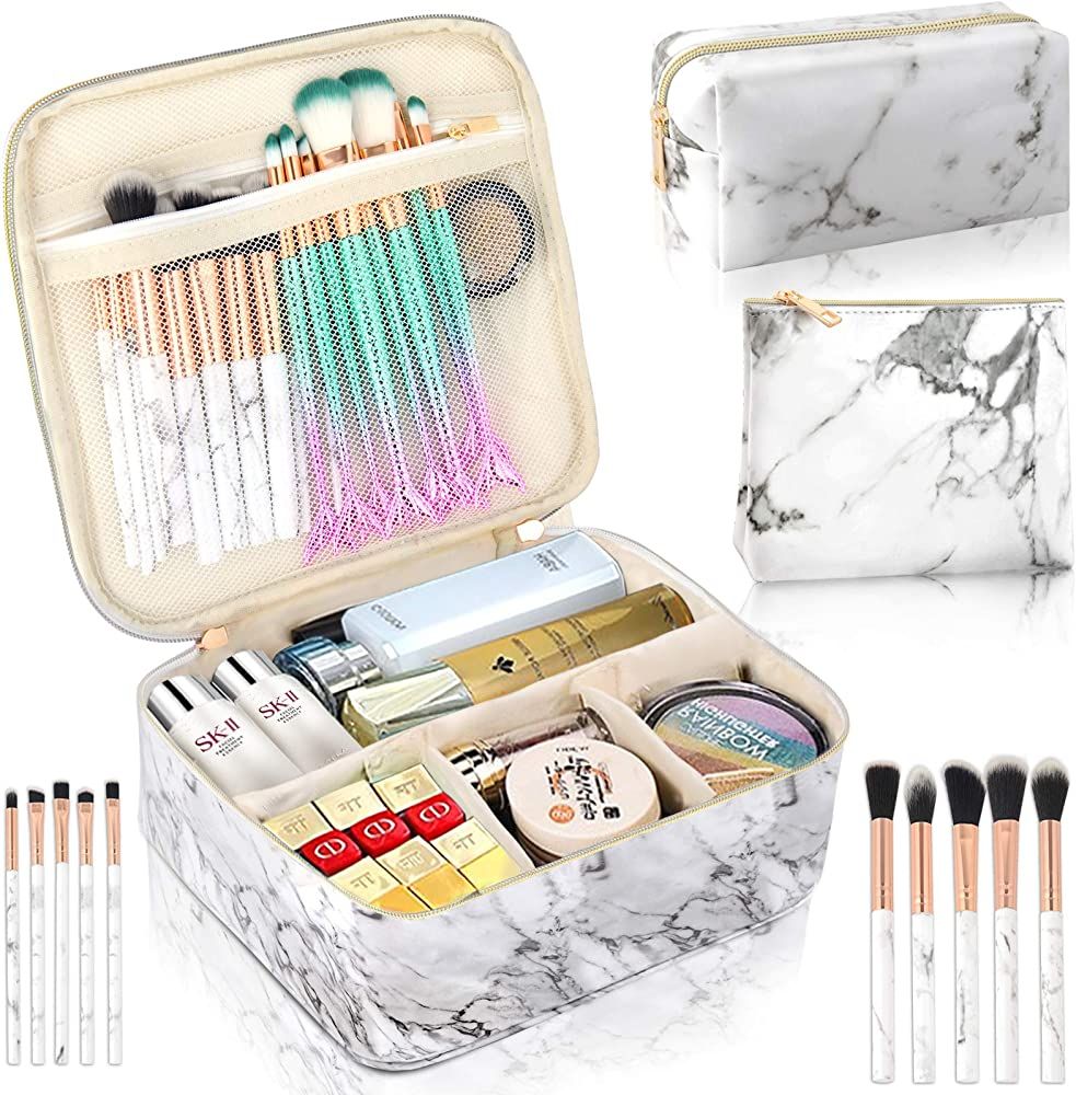 Amazon.com: 3Pcs Makeup Bags for Women, Travel Makeup Bag, Large Cosmetic Bag, Marble Makeup Bag ... | Amazon (US)